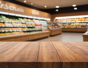 Empty wood table top with supermarket blurred background for product display