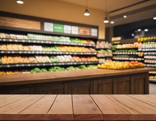 Empty wood table top with supermarket blurred background for product display