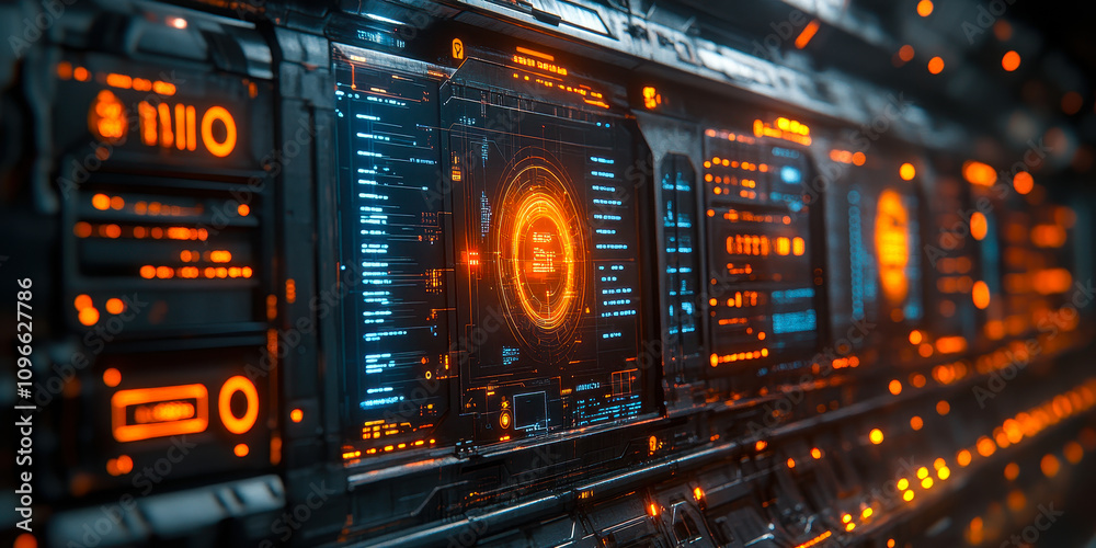 Poster futuristic digital interface with advanced network security and data protection systems
