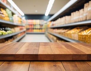 Fototapeta premium Empty wood table top with supermarket blurred background for product display