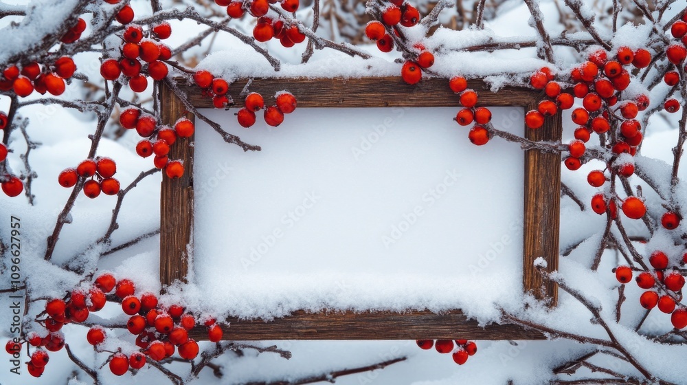 Poster a wooden frame with a white background and red berries surrounding it