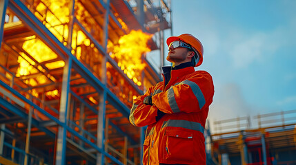 Fototapeta premium Worker Contemplates Industrial Fire Safety
