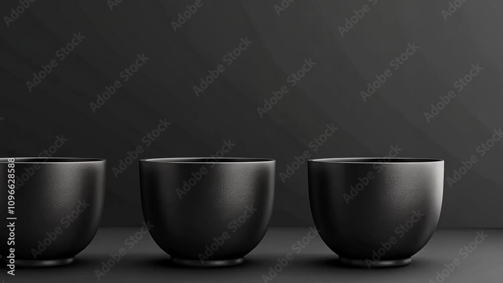 Aufkleber three black bowls are positioned in a row on a flat surface, set against a dark, monochromatic backd
