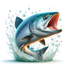 Forelle Lachs Fisch mit offenem Maul Raubfisch springt mit Wasserspritzern vor Hintergrund aus wei&szlig;, angeln fischen Sportangler Sprung angeln Raubfisch Beute Bach See Meer Flu&szlig; S&uuml;&szlig;wasser Salzwasser 