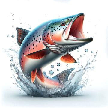 Forelle Lachs Fisch mit offenem Maul Raubfisch springt mit Wasserspritzern vor Hintergrund aus wei&szlig;, angeln fischen Sportangler Sprung angeln Raubfisch Beute Bach See Meer Flu&szlig; S&uuml;&szlig;wasser Salzwasser 