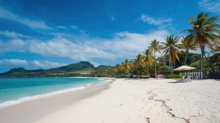 Serene beach with soft white sand, calm turquoise water, and a peaceful sky during a tranquil day by the sea.