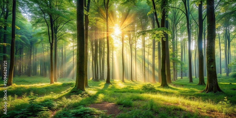 Poster sunlight bathes a lush forest floor in a golden glow, illuminating the tranquil scene with rays of h