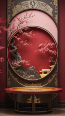 Luxurious Red and Gold Display Background or display purposes with Cherry Blossoms and Pavilion