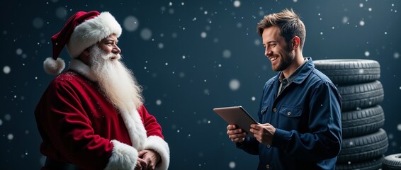 A joyful mechanic and Santa Claus stand in front of stacked tires, each holding a tablet, with a snowy backdrop. The scene merges holiday cheer with a modern, technological twist.

