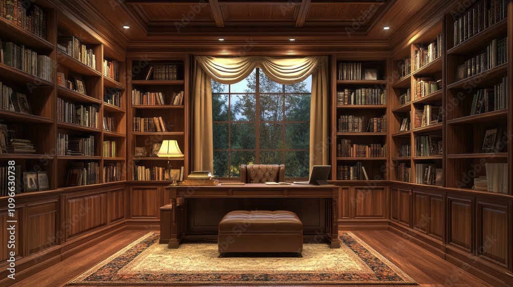 Poster a large room with a desk and a window
