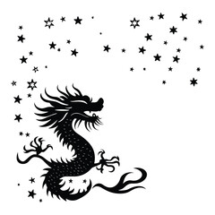 Black Dragon Surrounded by Stars in a Celestial Scene