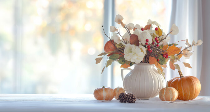 Elegant Autumn Floral Arrangement with Pumpkins on Bright Table