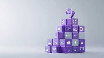 Obraz premium Building training effect pyramid with purple level boxes, showcasing various icons representing technology and communication. This visually appealing design emphasizes growth and development