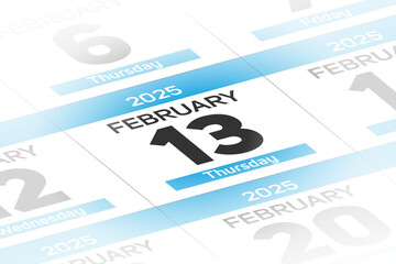 13 February 2025 year date calendar day illustration