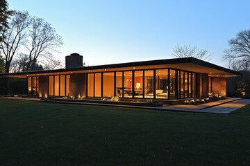 Fototapeta premium Modern glass house with warm interior lighting, showcasing sleek architecture, large windows, and lush green surroundings at dusk.
