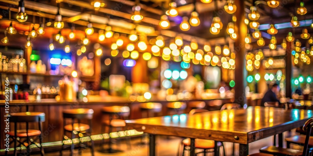Aufkleber a blurred view of a bar with wooden tables and chairs illuminated by warm, hanging lights