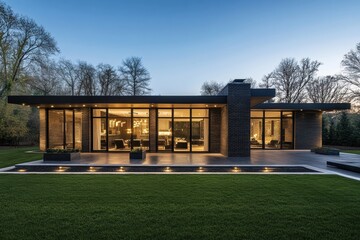 Modern glass house with warm interior lighting, showcasing sleek architecture, large windows, and lush green surroundings at dusk.