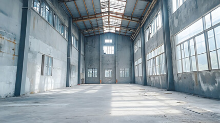Obraz premium Sunlit Empty Industrial Warehouse Interior