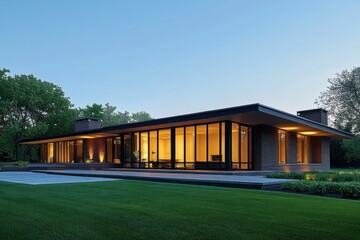 Fototapeta premium Modern glass house with warm interior lighting, showcasing sleek architecture, large windows, and lush green surroundings at dusk.