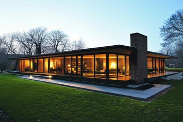 Obraz premium Modern glass house with warm interior lighting, showcasing sleek architecture, large windows, and lush green surroundings at dusk.