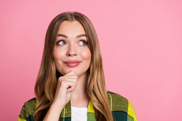 Photo portrait of attractive young woman look minded empty space dressed stylish yellow plaid...