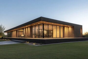 Modern glass house with warm interior lighting, showcasing sleek architecture, large windows, and lush green surroundings at dusk.