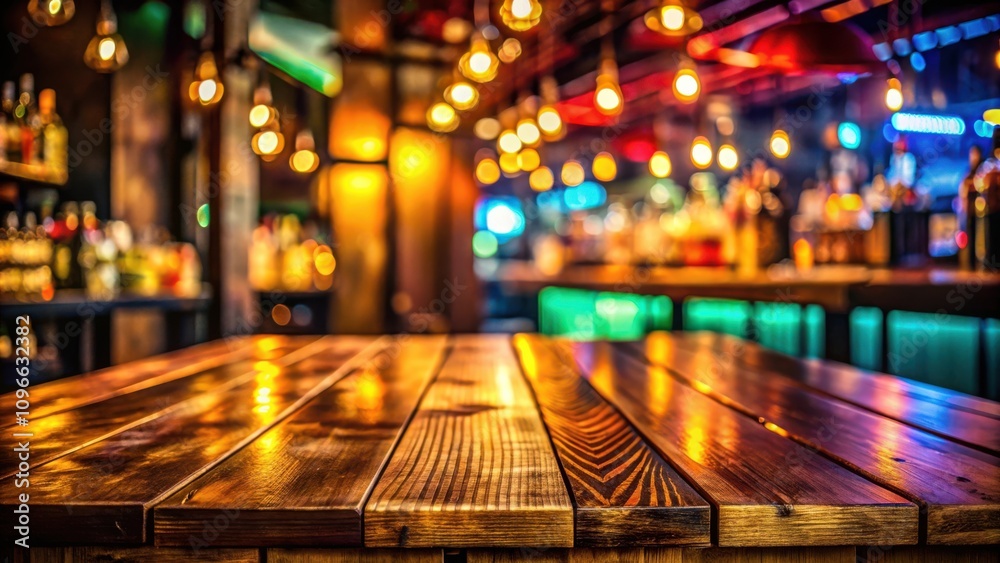 Poster a close-up of a wooden table with a blurred background of a bar with glowing lights