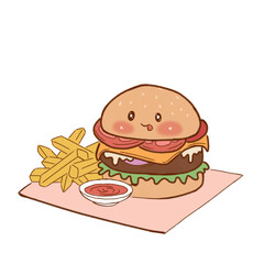 Adorable Cartoon Burger and Fries with Ketchup Sauce