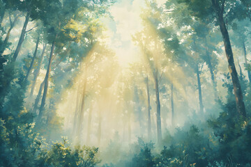 Obraz premium Sunbeams Illuminate Misty Forest Digital Painting, Tranquil Nature Scene