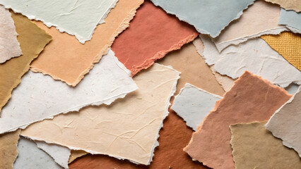 Fototapeta premium Torn pieces of textured paper in various colors create vibrant background. overlapping layers showcase shades of blue, orange, beige, and brown, adding depth and interest