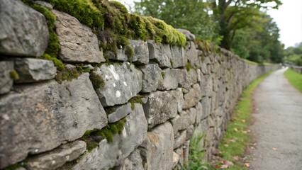 stone wall covered in moss, creating rustic and natural backdrop along pathway. lush greenery enhances serene atmosphere of scene