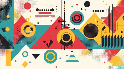 Obraz premium A vibrant, abstract composition featuring geometric shapes, bright colors, and dynamic patterns, creating an energetic visual experience.