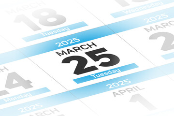 25 March 2025 year date calendar day illustration