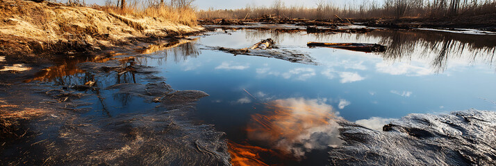 Fototapeta premium Polluted river with oil spills and debris, reflecting environmental contamination, water crisis, and the urgent need for ecological preservation and sustainable waste management