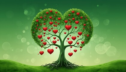 Natural hearts tree with branches  raising from the bottom  fantasy green gradient background,