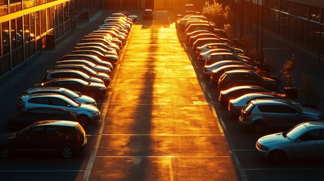 Sunset illuminates rows of parked cars in a lot.