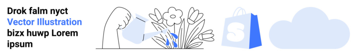 Hand pouring water onto flowers with a watering can. Nearby, a shopping bag symbol and a cloud icon. Ideal for gardening, e-commerce, cloud computing, environmental care, and online services. Landing