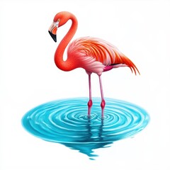 Obraz premium A vibrant pink flamingo stands gracefully in tranquil blue water, showcasing its stunning plumage and elegant posture.