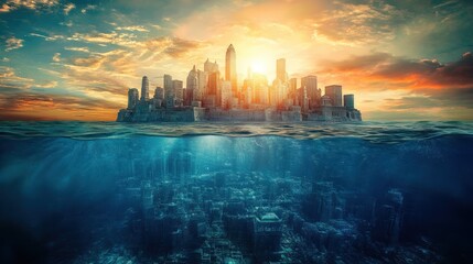 Fototapeta premium A surreal cityscape above and below water, depicting a submerged urban environment.