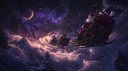 Obraz premium Santa and reindeer racing through the starry sky, with moonlight casting intricate shadows and illuminating their path.