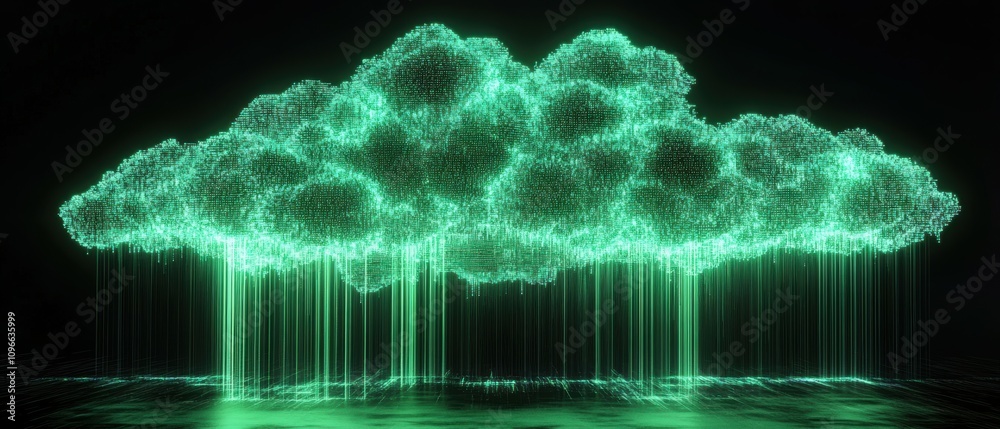 Poster matrix code cascading to form a neon green cloud with glitched data visualization in a digital envir