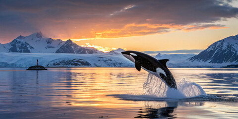 Fototapeta premium Majestic Orca jumping out of the water in arctic, created by Generative AI