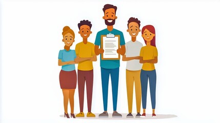 Obraz premium A diverse group of professionals holding a clipboard, smiling, and celebrating teamwork and success in the workplace.