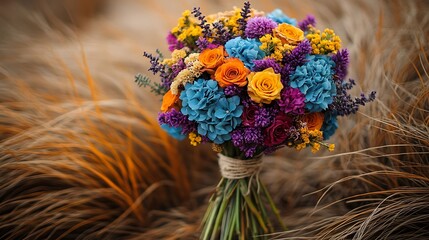 Vibrant bouquet of roses, hydrangeas, and lavender resting on dried grass.
