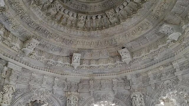 Interior design of Ranakpur Jain Temple with dome's ceiling and pillars with intricate design