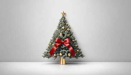 A clean, contemporary background featuring a single red ribbon curling into the shape of a Christmas tree on a light gray canvas