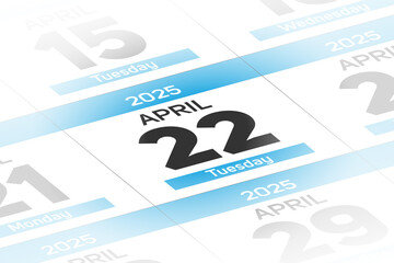 22 April 2025 year date calendar day illustration