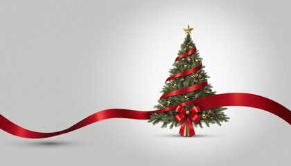 A clean, contemporary background featuring a single red ribbon curling into the shape of a Christmas tree on a light gray canvas