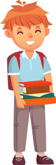 Naklejka premium Excited schoolboy happily carries books and a backpack, ready for school. Captures joy of learning, success, and growth. Perfect for academic designs