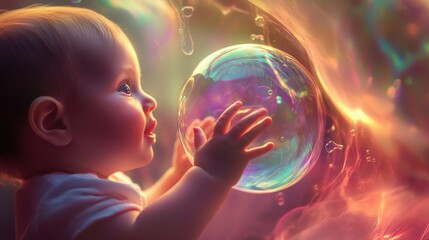 Naklejka premium Baby Reaching Out to Touch a Colorful Floating Bubble in Dreamy Atmosphere